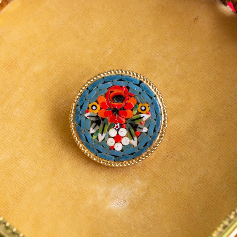 意大利古董 微镶马赛克传统工艺 蓝底红花镀金胸针 - 胸针 - 玻璃 蓝色