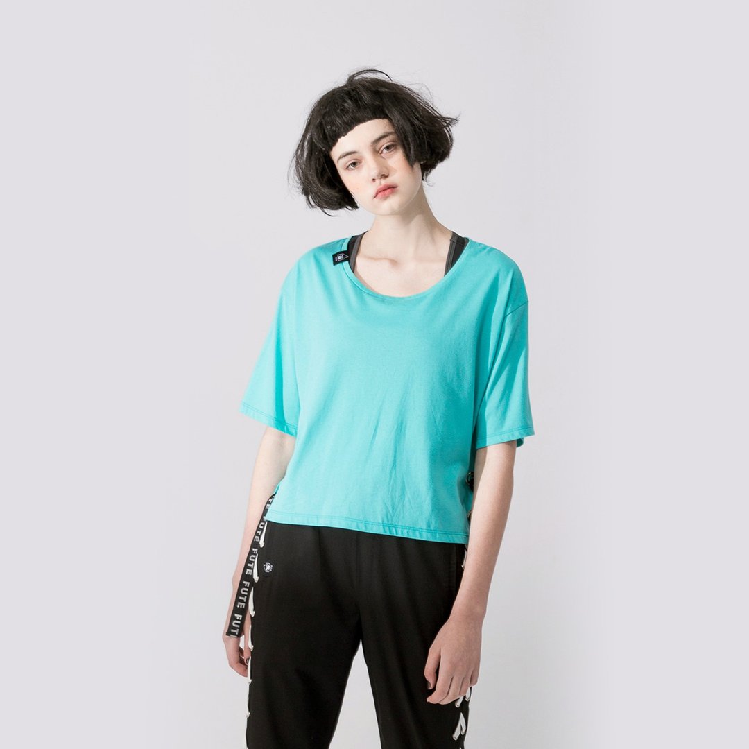 【女款】 侧绑带装饰圆领t-shirt / 蓝绿 - 女装上衣 - 棉 蓝色