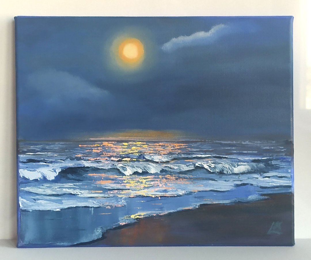 夜晚海景画 月光画作 海浪艺术 月光小径艺术品 - 墙贴/壁贴 - 棉 蓝色