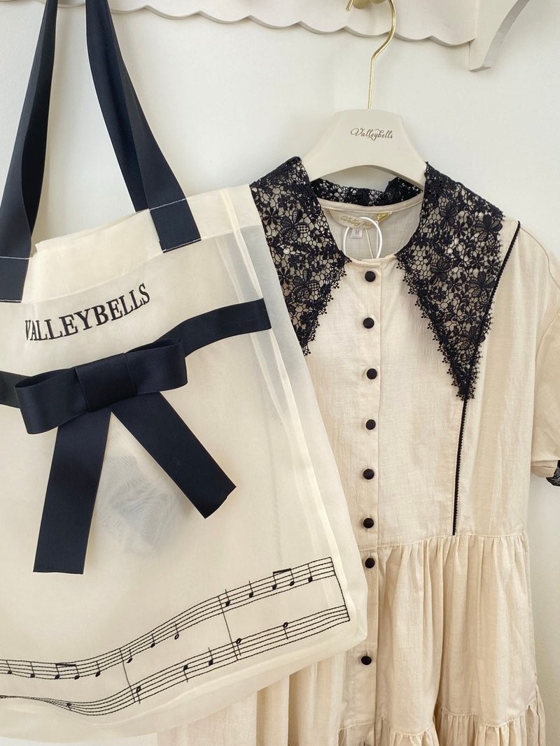 琴谱刺绣 洋娃娃和小熊跳舞  欧根纱单肩包 - 手提包/手提袋 - 丝．绢 黄色