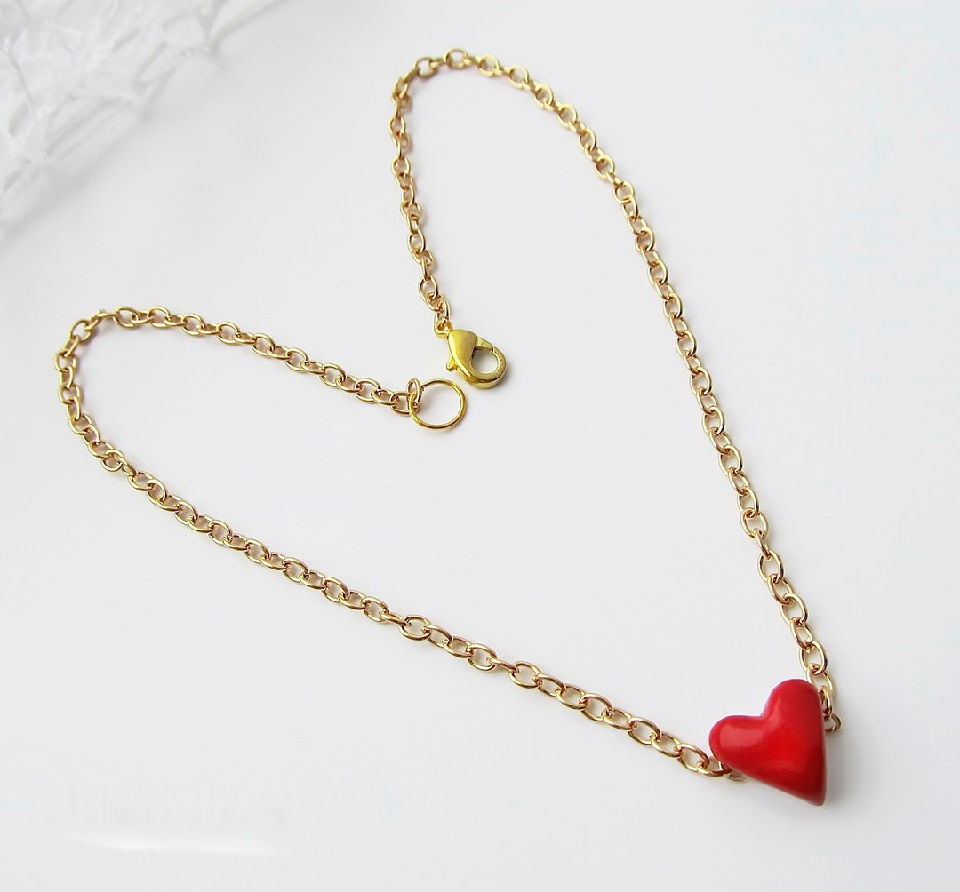 Red Heart necklace Heart choker Cute little heart Chain necklace Puffy heart - 项链 - 粘土 红色