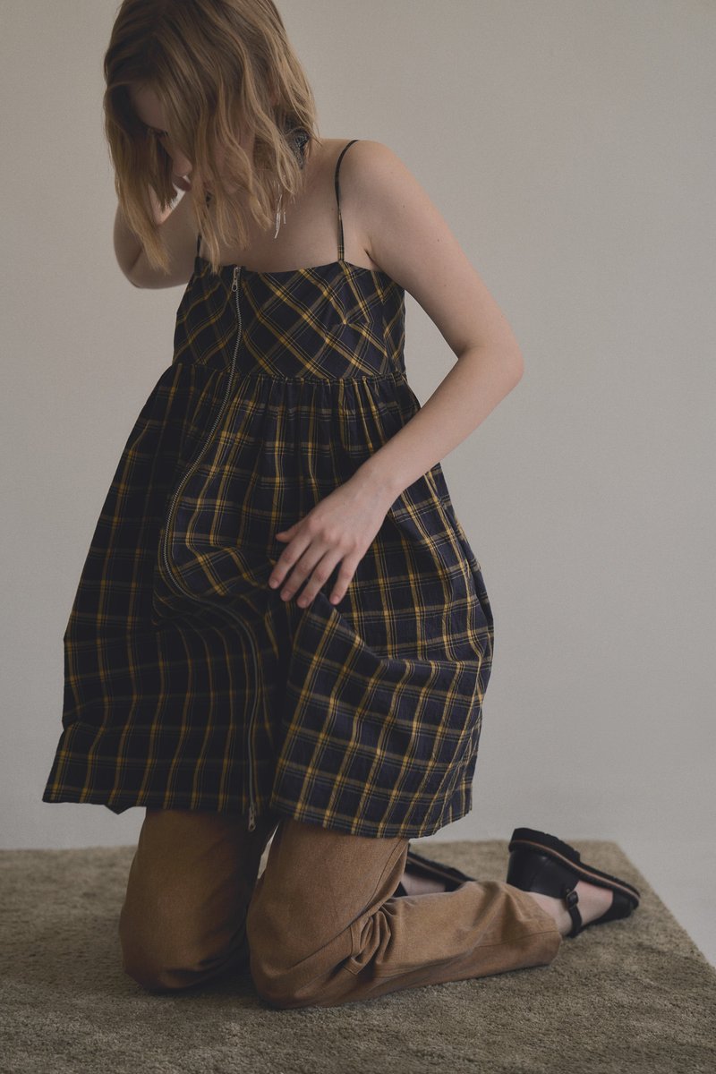 navy yellow plaid zipper dress 蓝黄经典格纹双头拉链洋装 - 洋装/连衣裙 - 棉．麻 多色