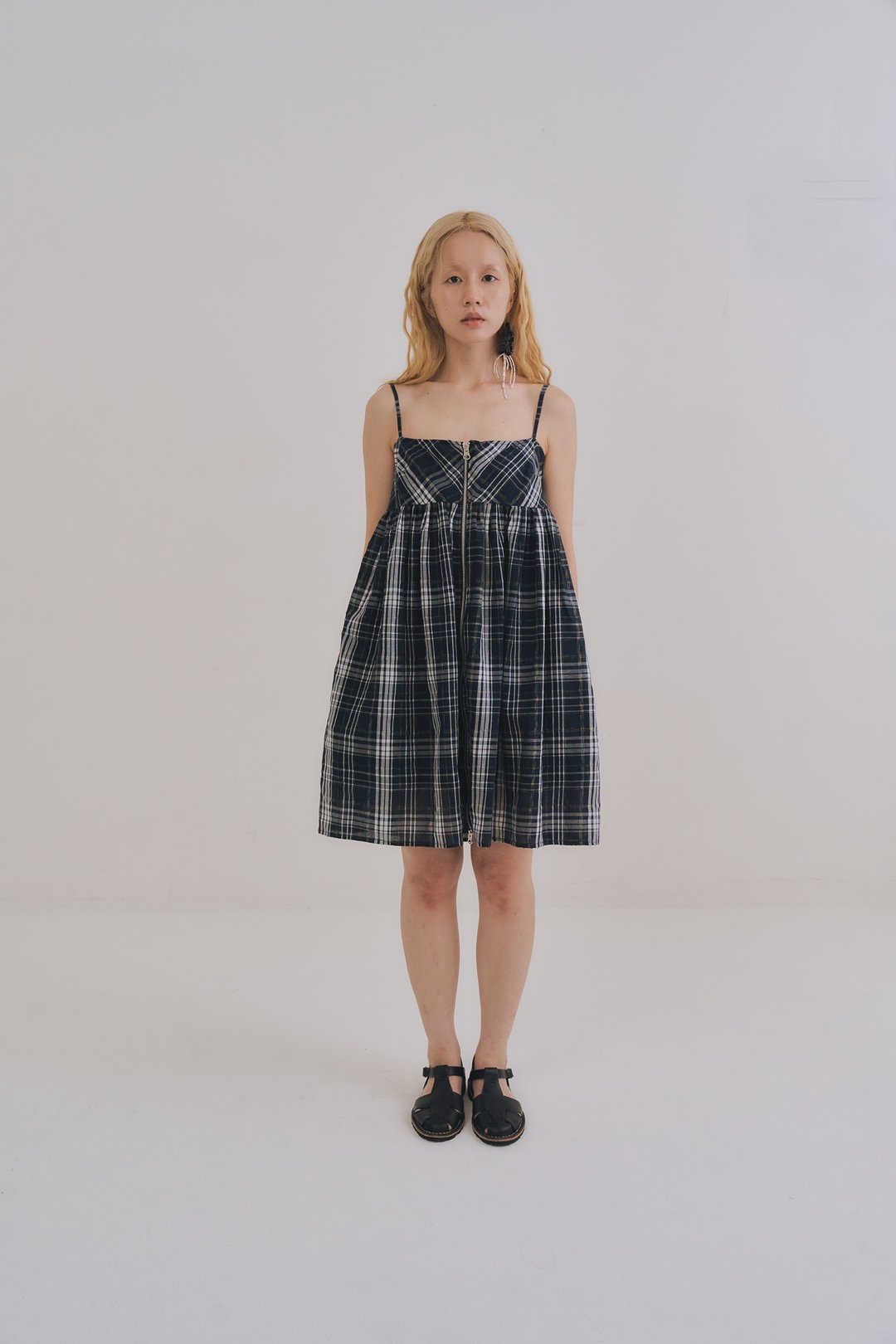 navy yellow plaid zipper dress 蓝黄经典格纹双头拉链洋装 - 洋装/连衣裙 - 棉 多色