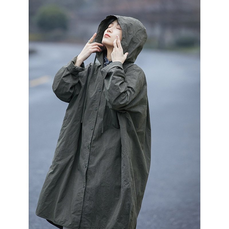 复古拓叶灰色高密纯棉布中长款宽松连帽大衬衫 - 女装上衣 - 棉．麻 