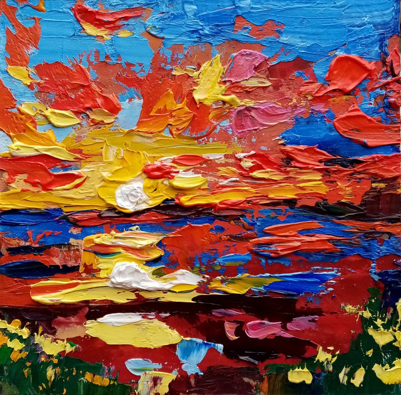 Seascape Painting Sunset Original Art Small Oil Painting 4 by 4 inches - 海报/装饰画/版画 - 其他材质 多色