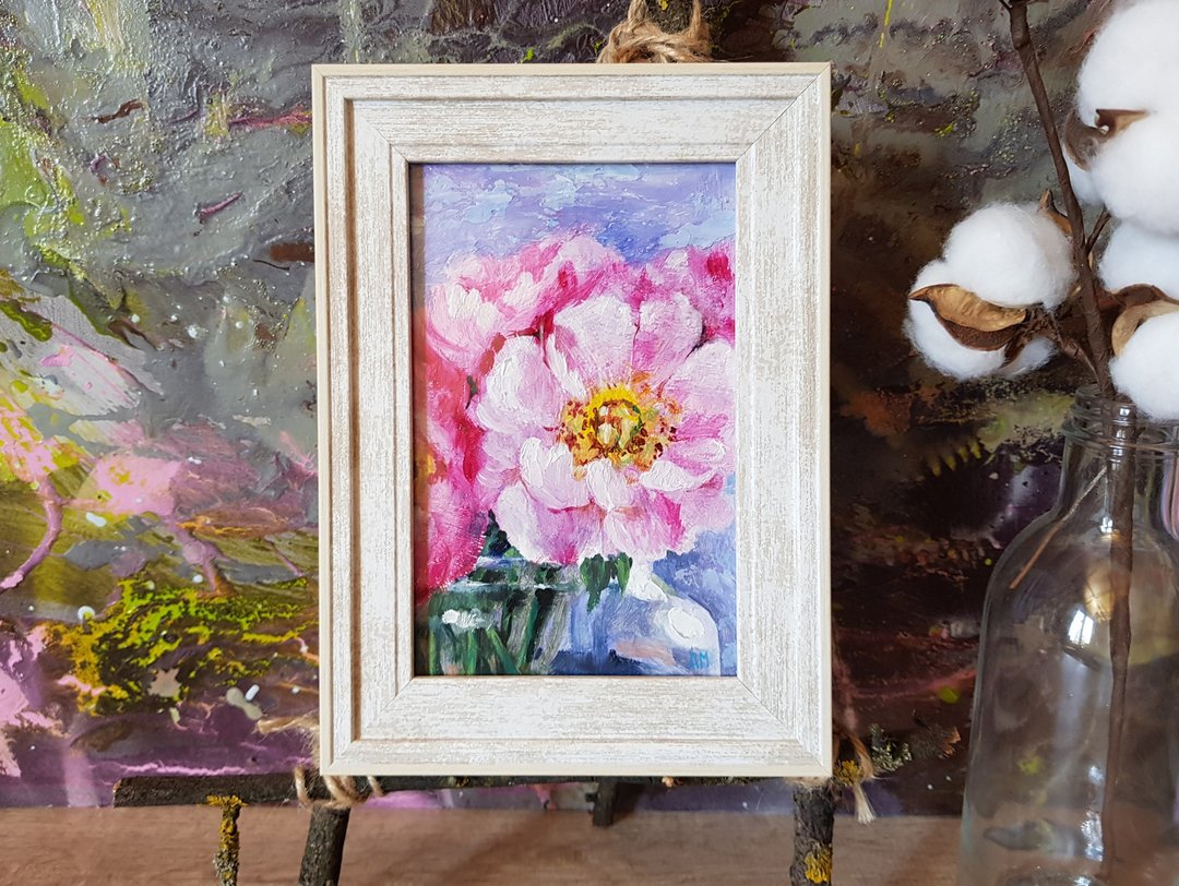 Small original Peony flower artwork hand painted oil painting framed - 墙贴/壁贴 - 其他材质 