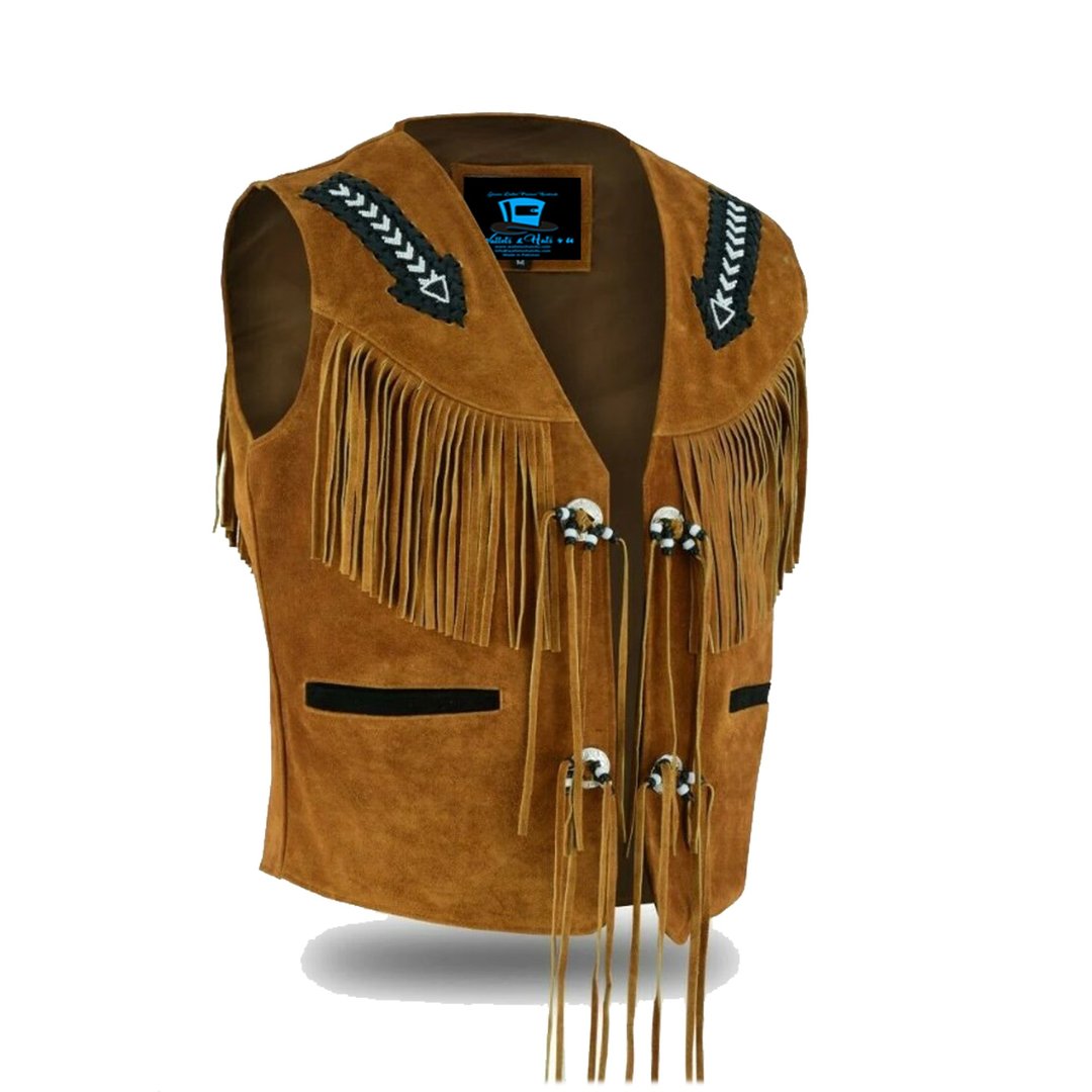 Native American Western Cowboy Suede Leather Fringe Waistcoat - 男装背心 - 真皮 咖啡色