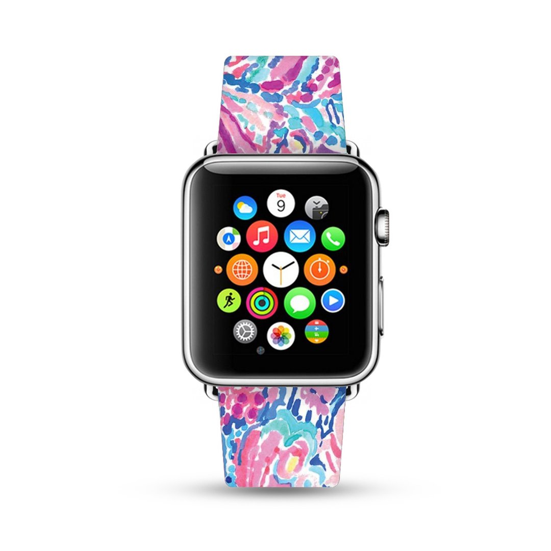 抽象扎染画花 粉红 Apple Watch 真皮手表带,适用于所有型号 -053 - 表带 - 真皮 粉红色