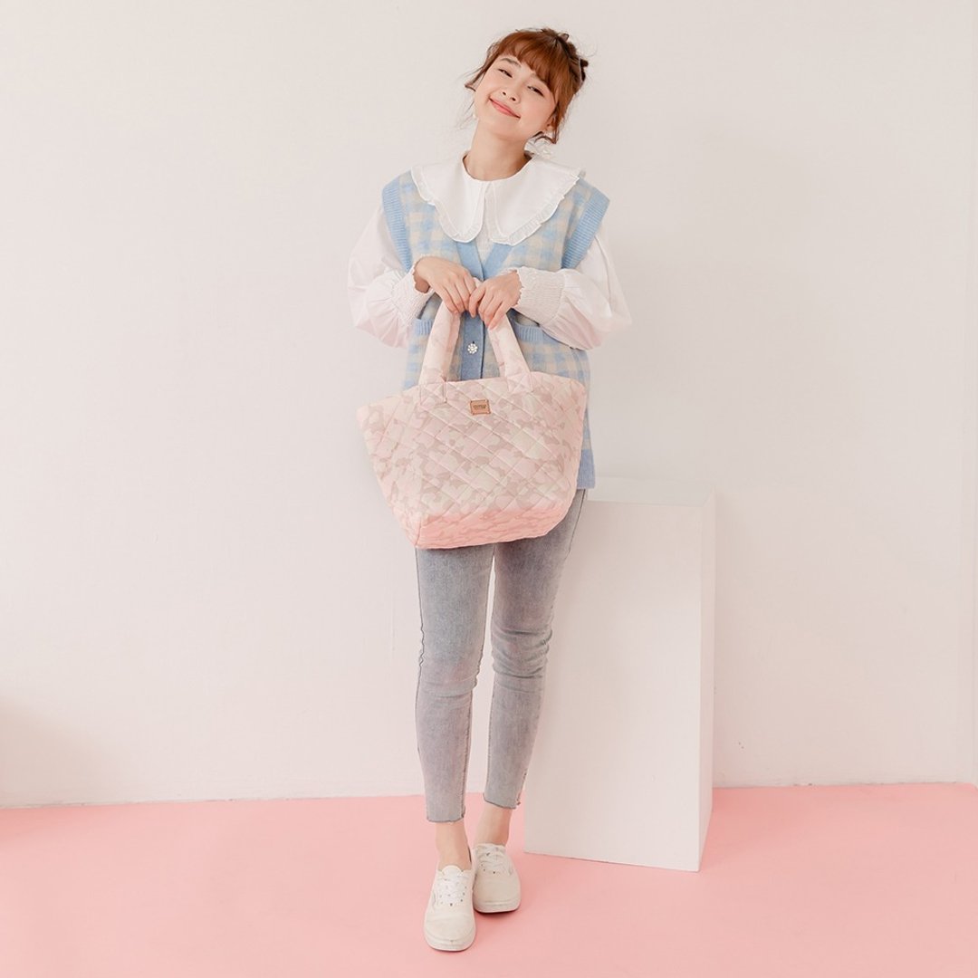 【9 月精选】VOVAROVA 城市菱格纹托特包 -  迷彩布丁 - 粉红 - 手提包/手提袋 - 其他人造纤维 粉红色