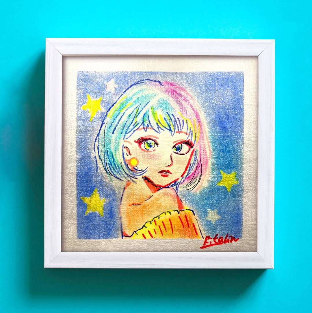 手绘粉彩画艺术 | 18cm 附框 | Lady in the Star World - 海报/装饰画/版画 - 纸 蓝色