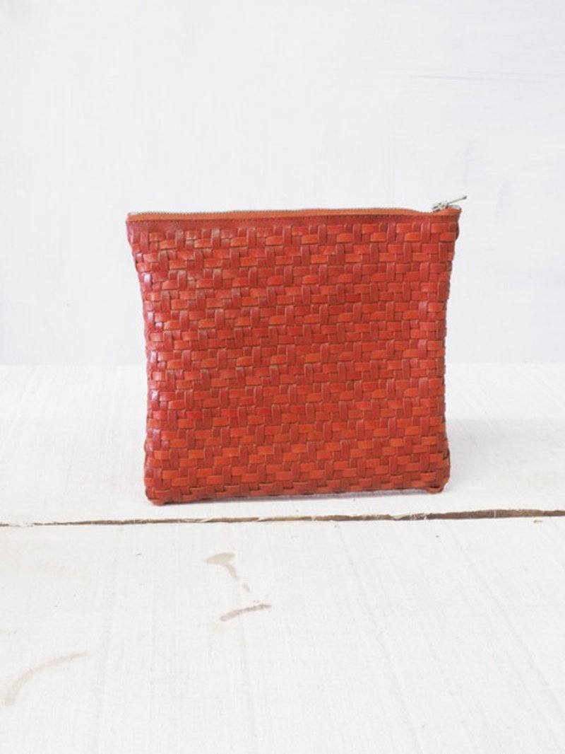 Square Pouch A (Orange) 200*175/Genuine Leather (Goat)/Mesh/Braided/Excella Zipper (Silver) - 化妆包/杂物包 - 真皮 