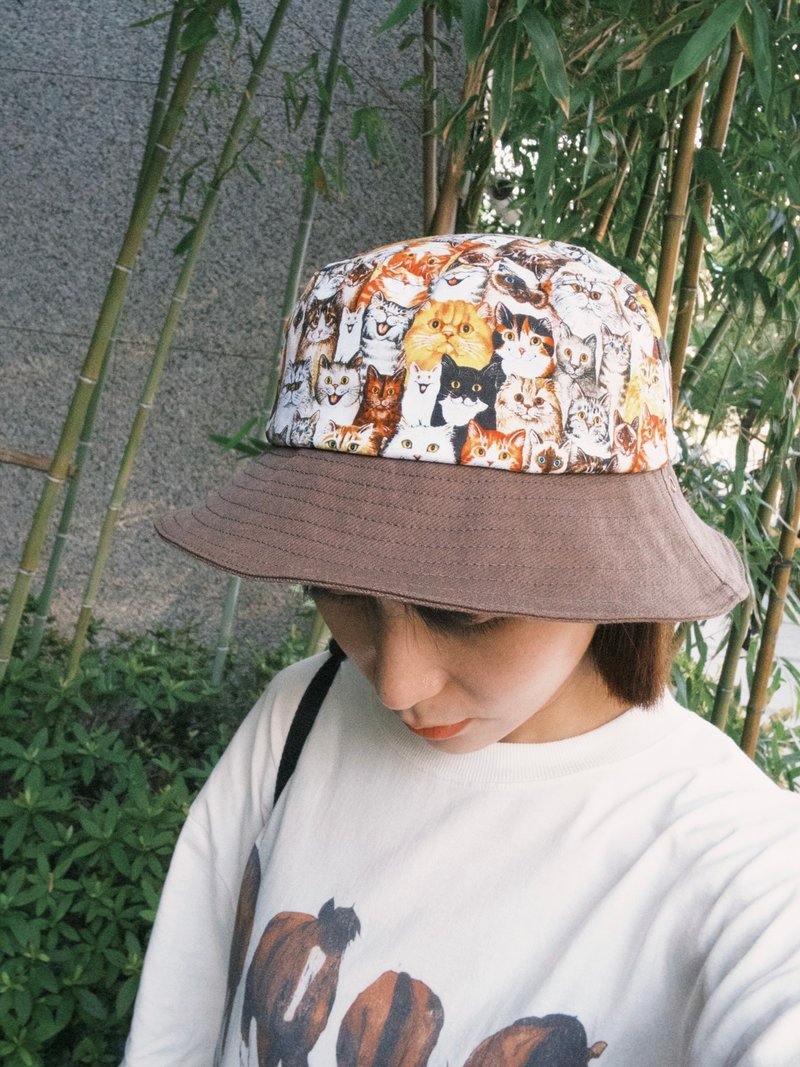 小牛村 / 白咖 渔夫帽 猫咪 拼接 拼色  手作 中性款 户外遮阳帽 - 帽子 - 棉．麻 白色