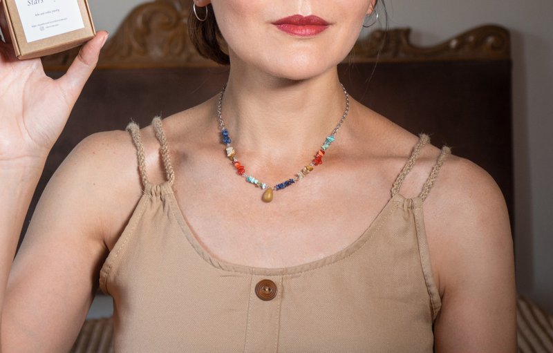 Raw gemstones choker, 925 silver, raw jasper, turquoise, sodalite, coral - 项链 - 宝石 多色