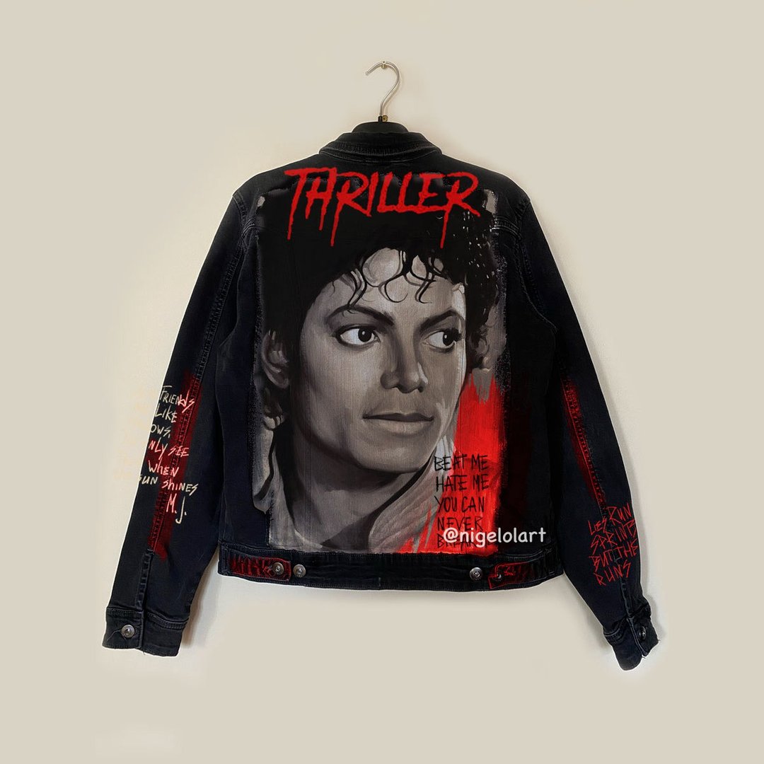 Painted Denim Jacket Handmade Custom jacket Michael Jackson, Thriller Gift - 女装休闲/机能外套 - 棉 多色