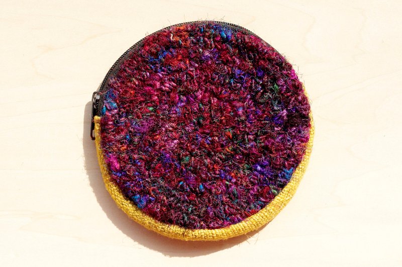 限量一件 手工钩针编织圆形零钱包 / 收纳包 / 化妆包 / 杂物包 - 黄色棉麻 + 手捻纱丽线 - 零钱包 - 棉．麻 多色