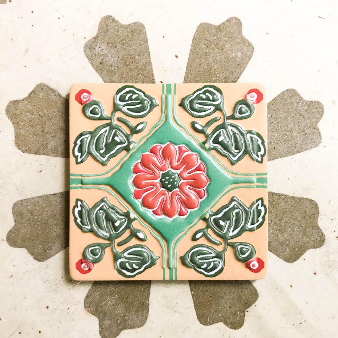 霞红石榴花 马约利卡花砖立体磁铁+明信片组 - 冰箱贴/磁贴 - 塑料 橘色