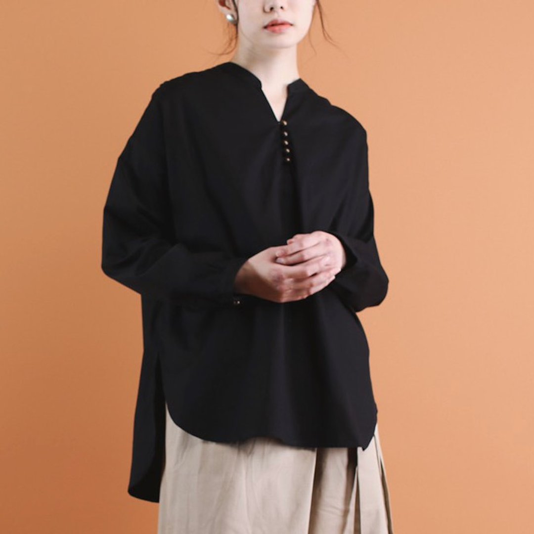 OMAKE.jp 圆球排扣立领长袖上衣 黑 - 女装上衣 - 棉．麻 黑色