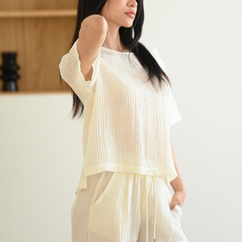 细纹褶线-上衣长裤套装-米白色 - 其他 - 聚酯纤维 白色