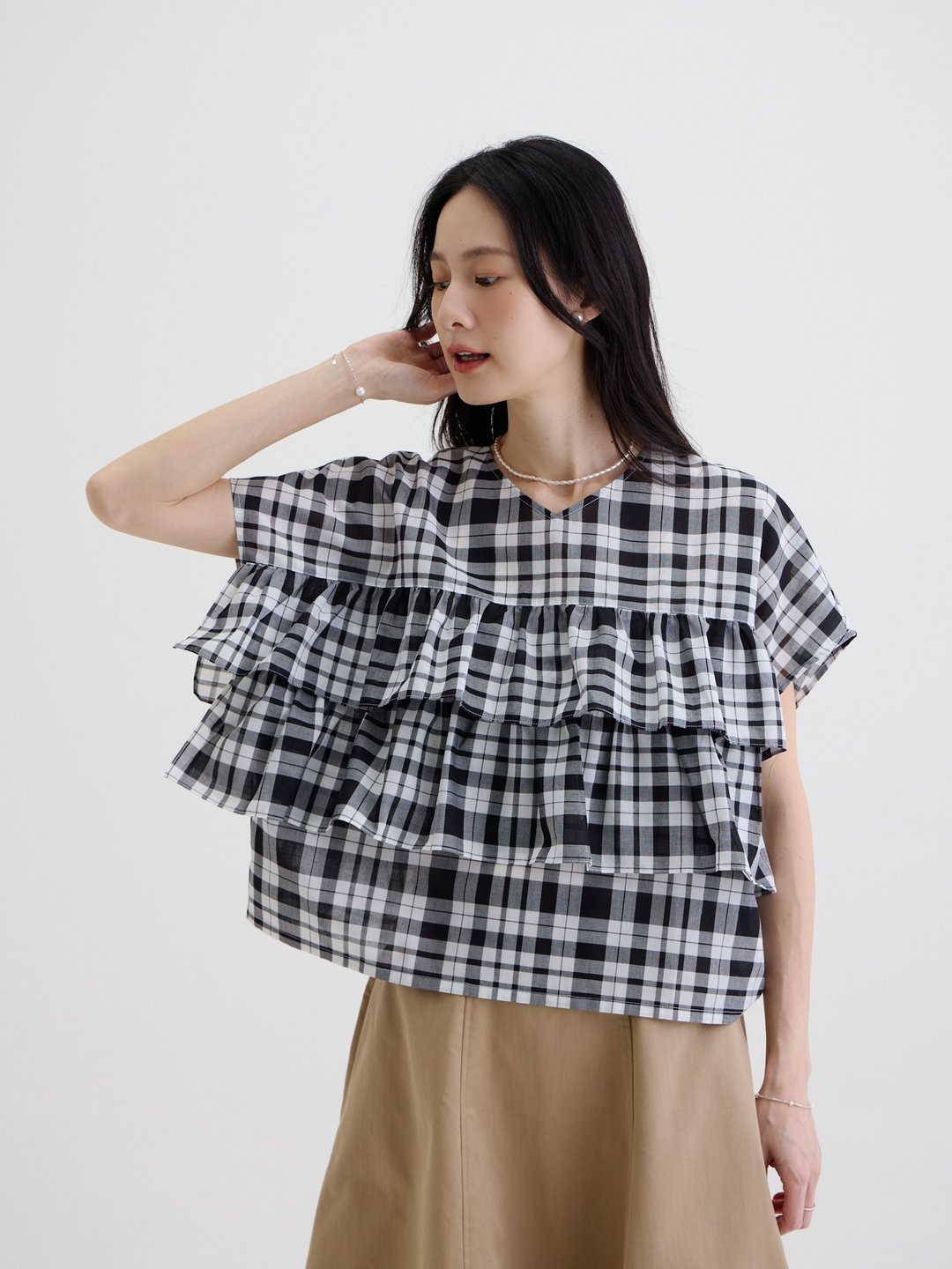 罗克西双层短袖上衣 - 黑白格纹 - 女装 T 恤 - 聚酯纤维 多色