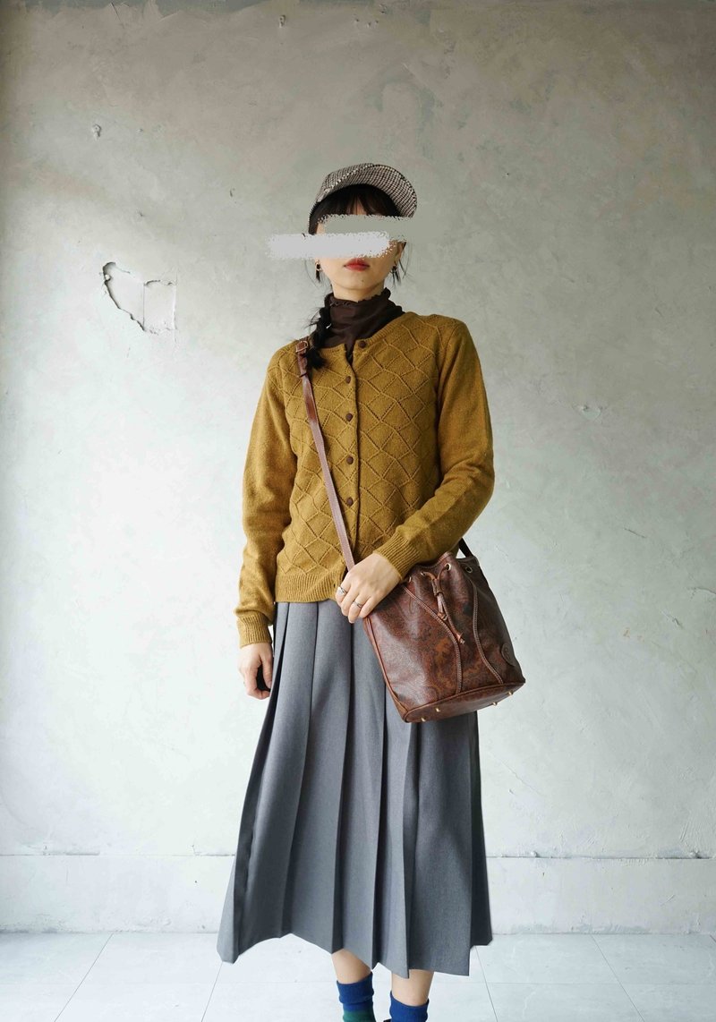 寻宝古着-枯叶芥黄色立体几何钩织薄针织外套 - 女装针织衫/毛衣 - 聚酯纤维 橘色