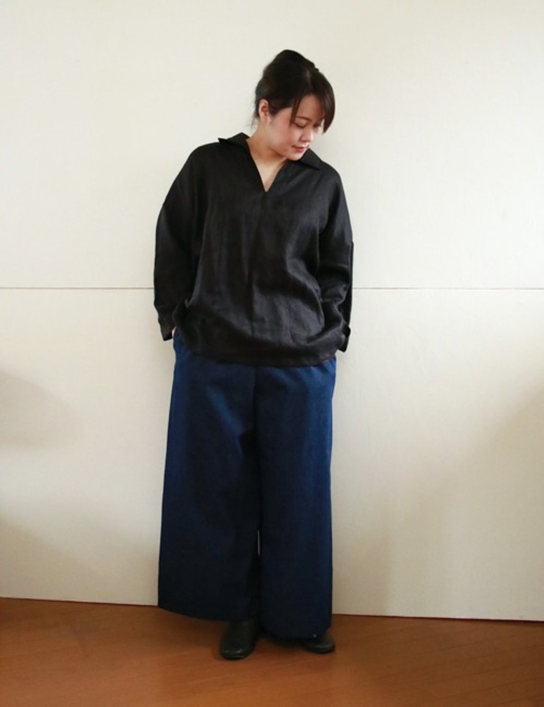 Black Linen skipper shirt - 女装上衣 - 棉 