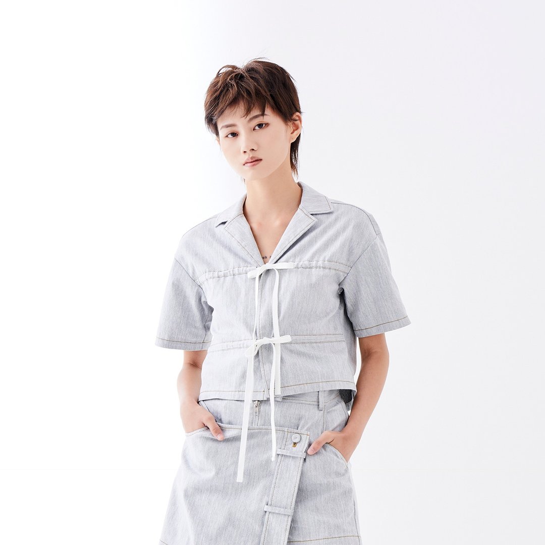 绑带牛仔短上衣 - 女装上衣 - 棉 灰色