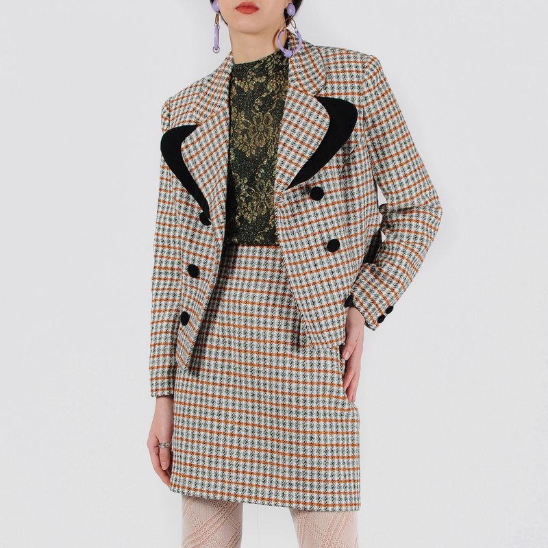 【蛋植物古着】星体运行花呢裙式古着套装 - 女装西装外套/风衣 - 羊毛 