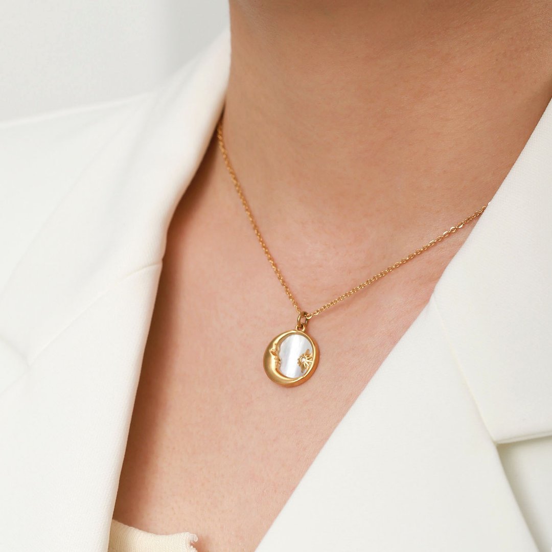 新品! ANJI 18K 镀金 月亮贝壳链 女 吊坠 项链 - 项链 - 不锈钢 黄色