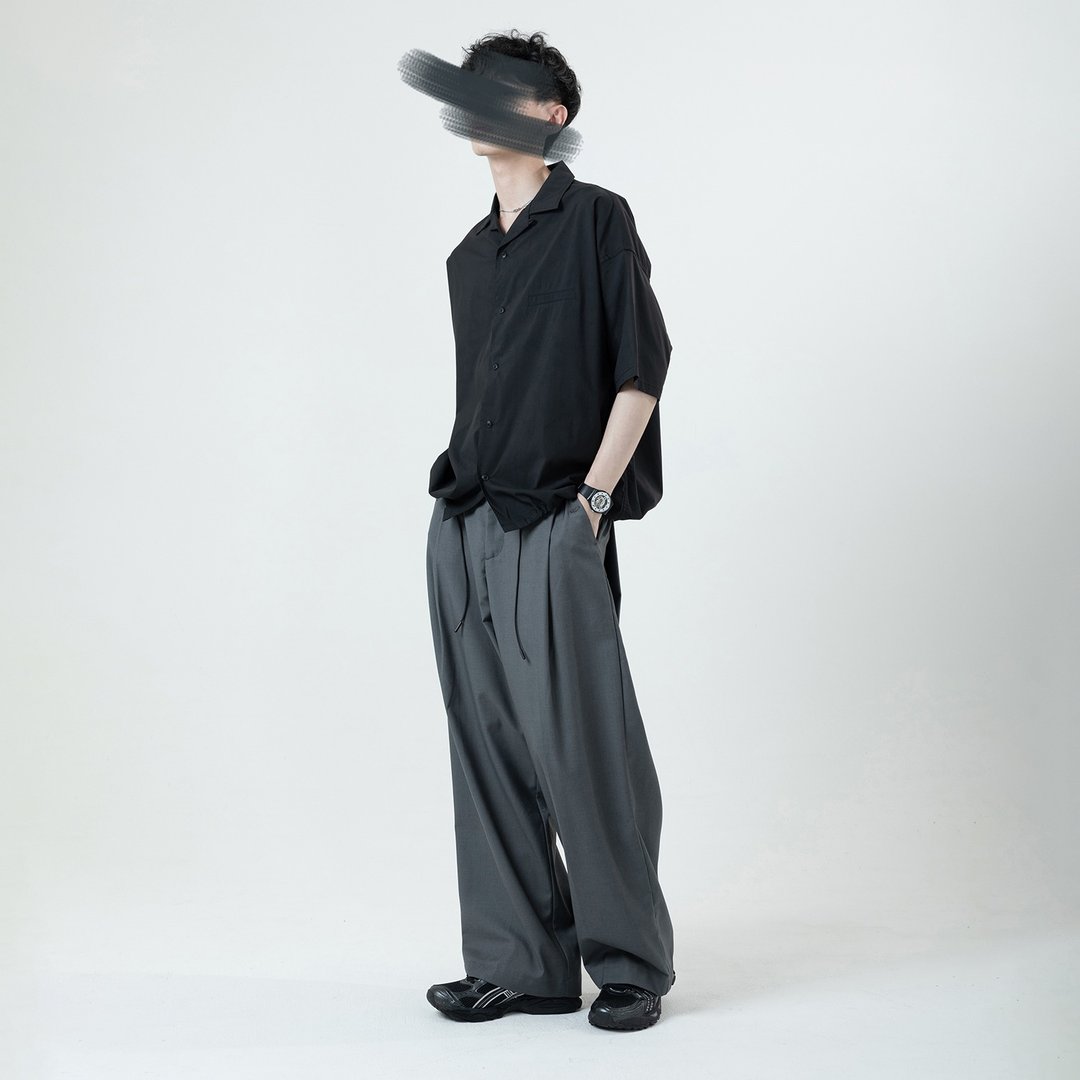 打褶西装落地宽裤 - 男士长裤 - 聚酯纤维 灰色