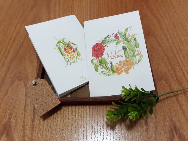 心花怒放水彩花圈卡片附牛皮信封猪笼草一张45元 - 卡片/明信片 - 纸 绿色