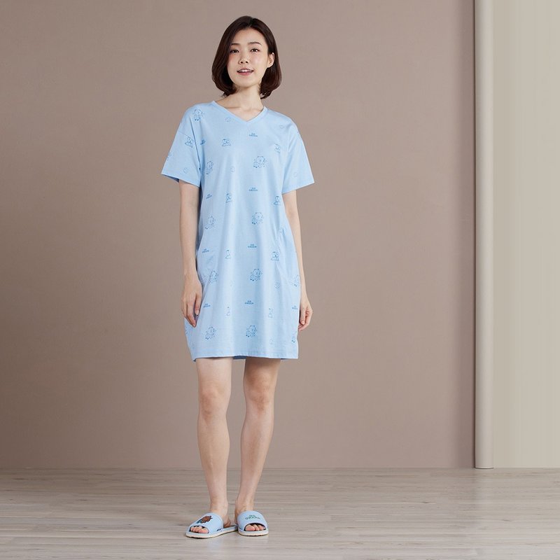 LINE FRIENDS | 好友地球印花短袖洋装-天空蓝 - 洋装/连衣裙 - 棉．麻 蓝色