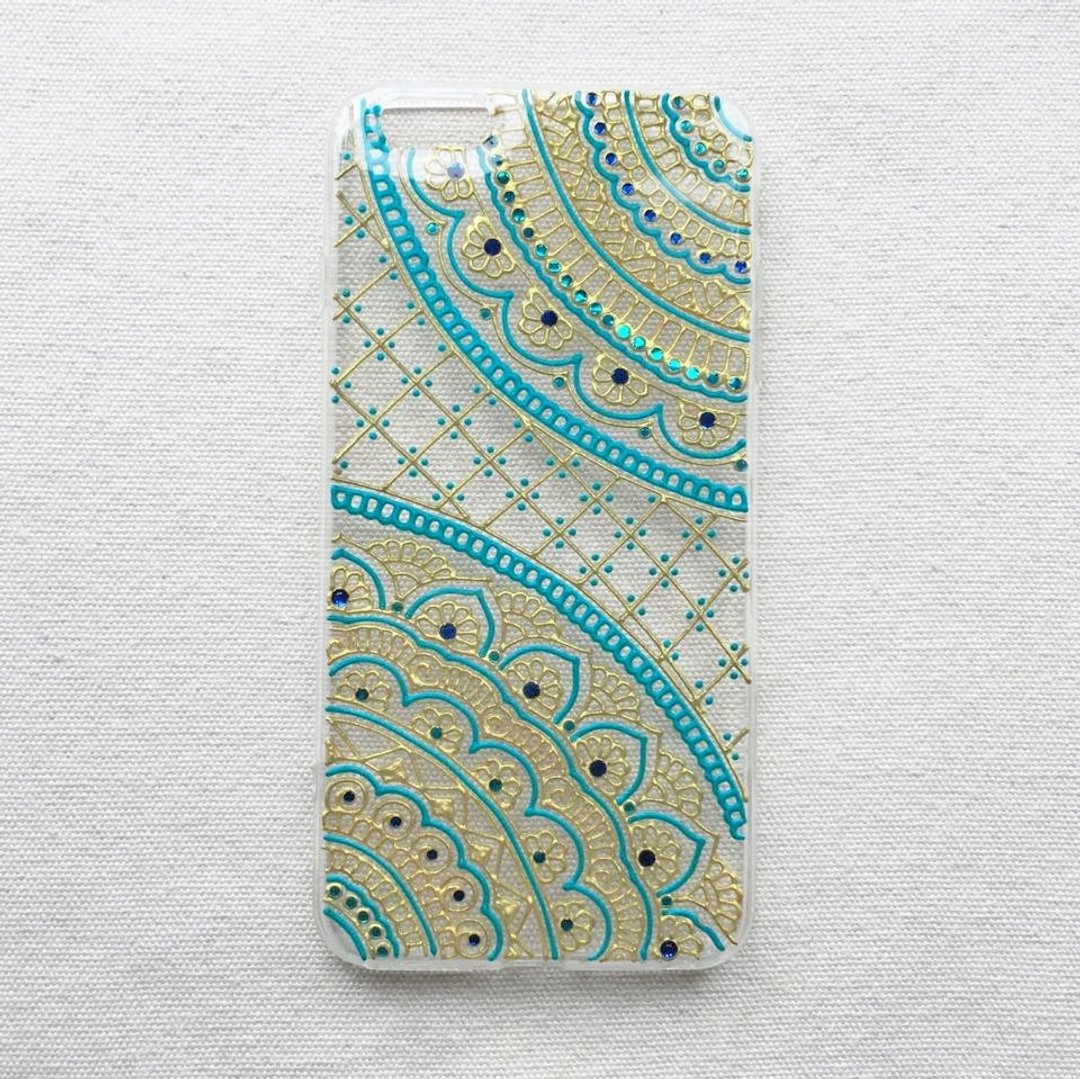 手绘透明手机壳 手机套 Tiffany Blue 蓝绿色 金色 蓝色 iPhone 7 6s Samsung Galaxy Sony LG Case Henna Mandala 汉娜 蔓蒂 曼陀罗 禅绕 民族 印度彩绘 - 手机壳/手机套 - 塑料 金色