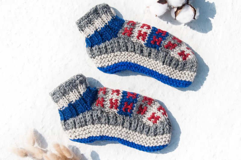 羊毛 袜 推荐 设计 手织纯羊毛针织袜 内刷毛条纹袜 羊毛钩织长袜 保暖毛袜-蓝天天空 蓝色 红色 圣诞节礼物 生日礼物 - 袜子 - 羊毛 多色