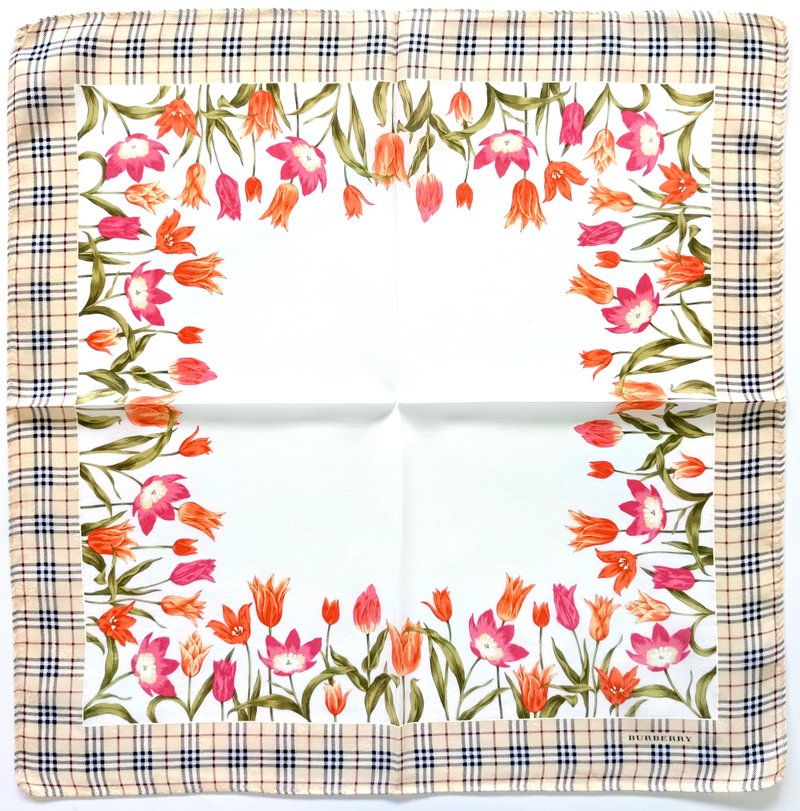 Burberry 古董手帕 花卉郁金香 格纹边框 20 x 19.5 英寸 - 手帕/方巾 - 棉．麻 红色
