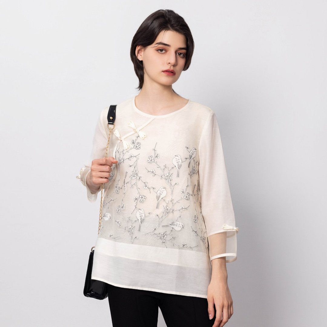 【MEDUSA】米白长版新中式欧根纱上衣(M-XL) | 女长版上衣 丝感 - 女装上衣 - 其他人造纤维 白色