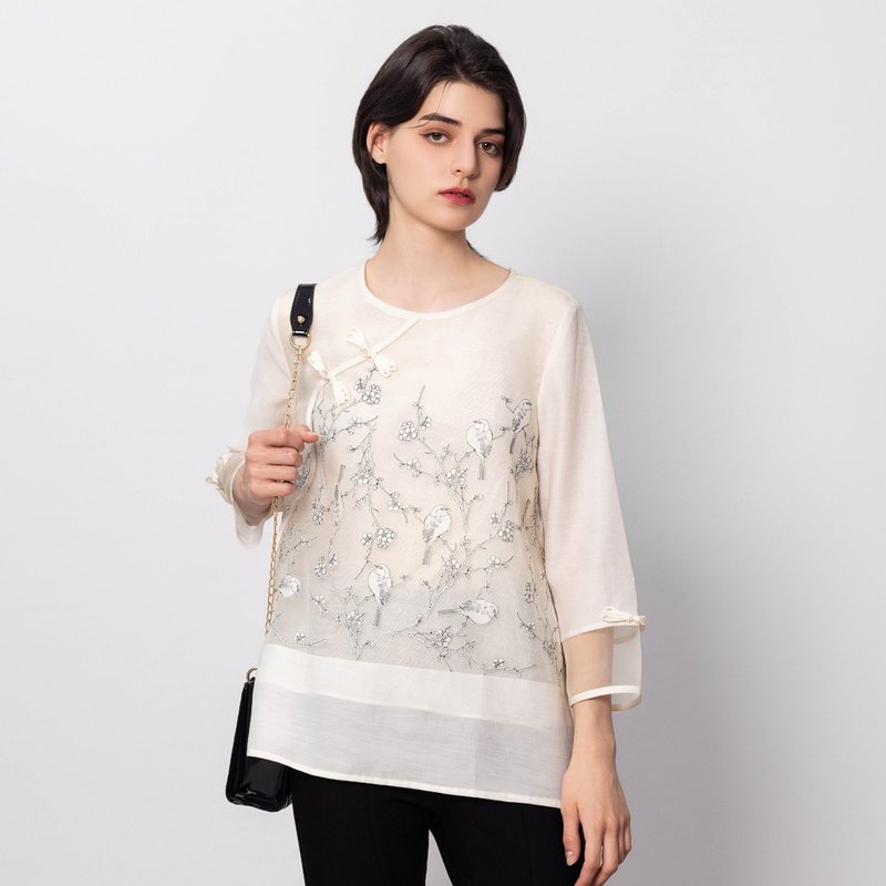【MEDUSA】米白长版新中式欧根纱上衣(M-XL) | 女长版上衣 丝感 - 女装上衣 - 其他人造纤维 白色