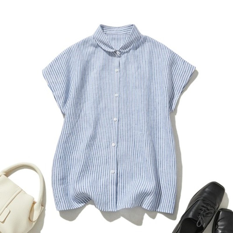 带来清爽感的圆领衬衫 100% 亚麻 条纹衬衫 白色蓝 220608-3 - 女装上衣 - 棉．麻 