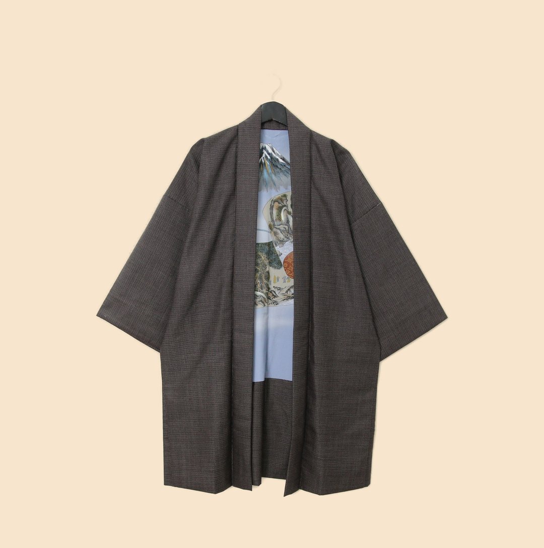 Back to Green-日本男款羽织 卷轴 山水之图M-02 /vintage kimono - 男装外套 - 丝．绢 