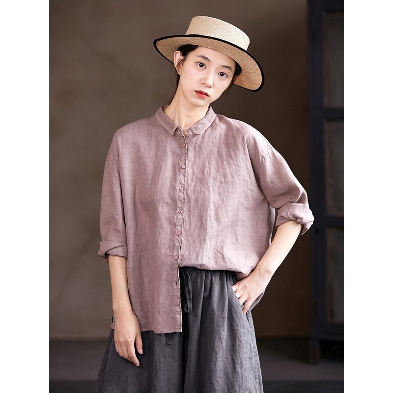 旧粉汉麻成衣染色气质小翻领碧纹染衬衫 - 女装衬衫 - 棉．麻 