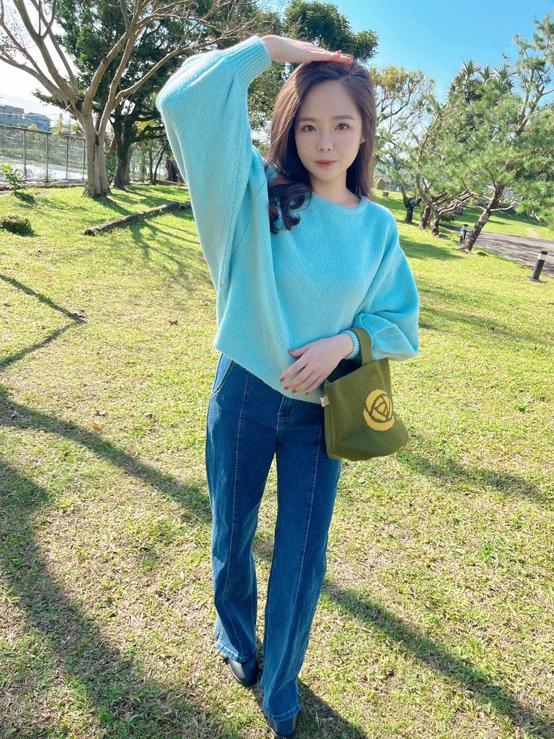 Venus 蓬蓬袖针织上衣(蓝)-台湾制-针织衫-毛衣 - 女装针织衫/毛衣 - 聚酯纤维 蓝色