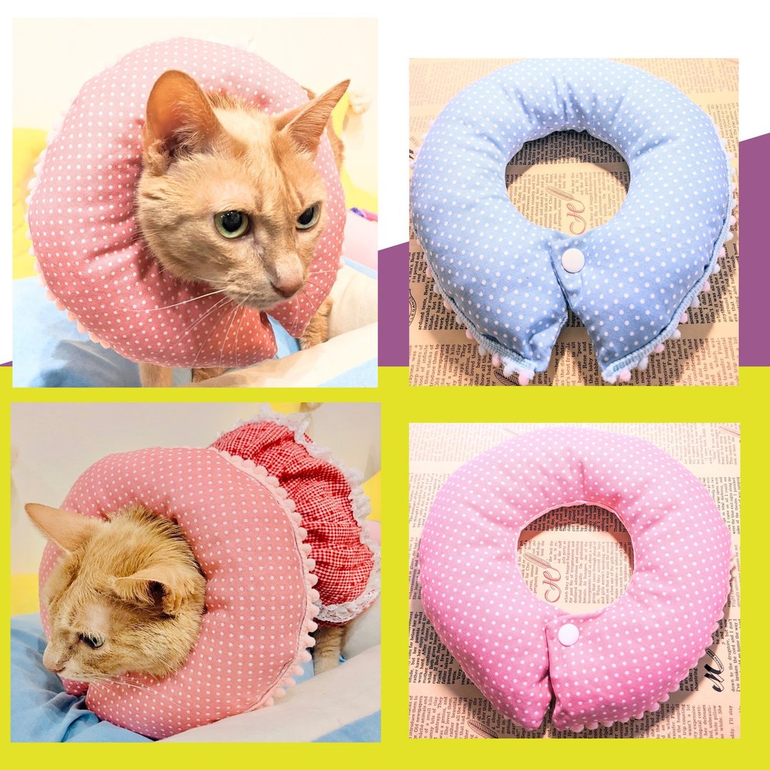 Round and soft Elizabeth collar like a neck pillow Prevents licking wounds Prevents scratching Post-surgery collar for cats - 项圈/牵绳 - 棉 粉红色