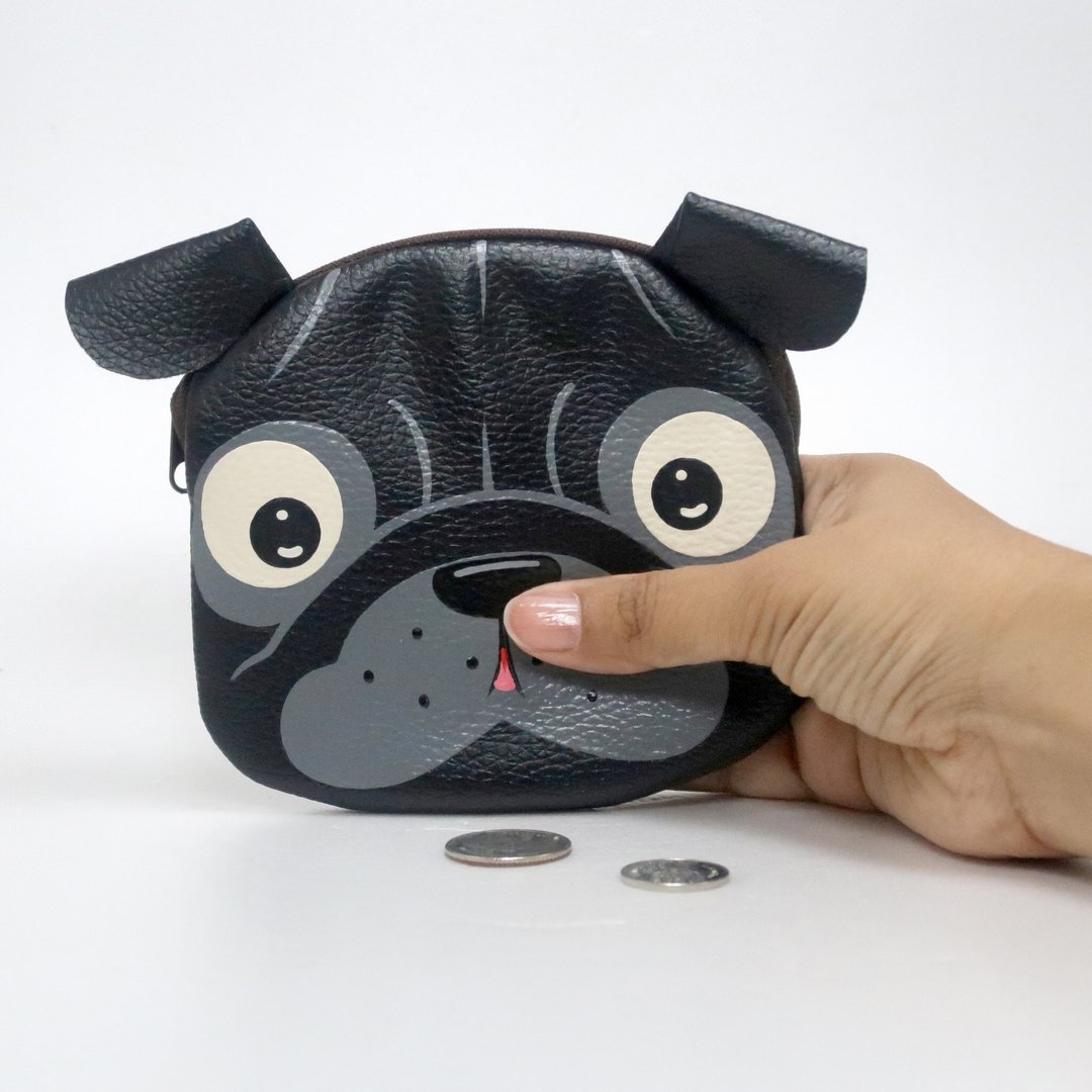 【雙11折扣】Black pug coin purse ,small synthetic leather wallet bag with zip. - 零钱包 - 人造皮革 黑色