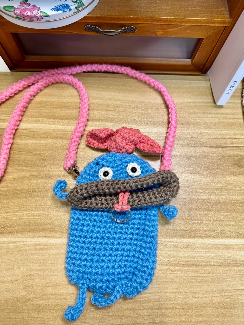 MUMU 头顶蝴蝶结 x 香肠嘴手机+钥匙包 侧背包 Handmade - 侧背包/斜挎包 - 棉．麻 蓝色