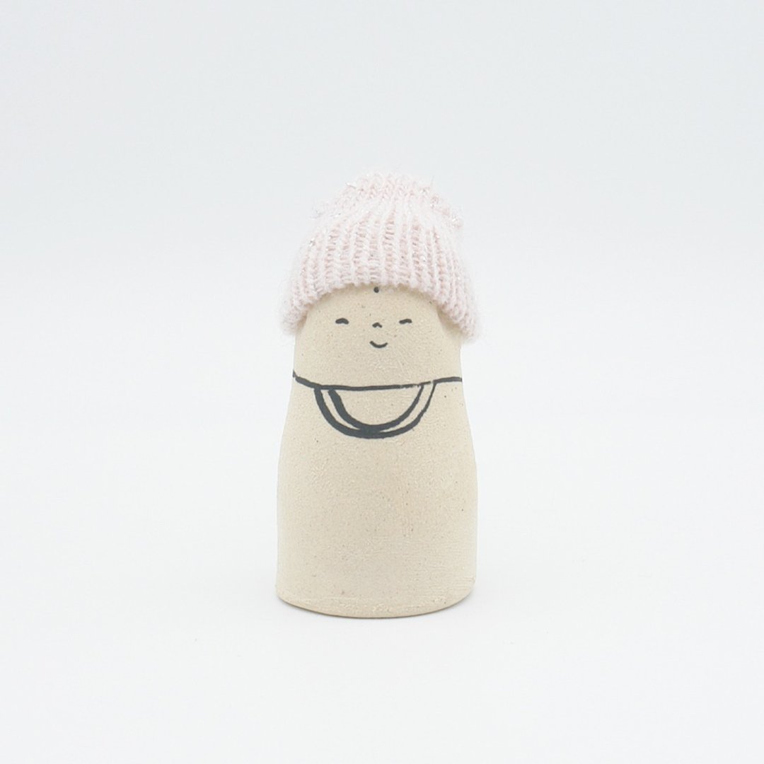 Handmade ceramic doll Jizo wearing a knit hat S size - 摆饰 - 陶 卡其色