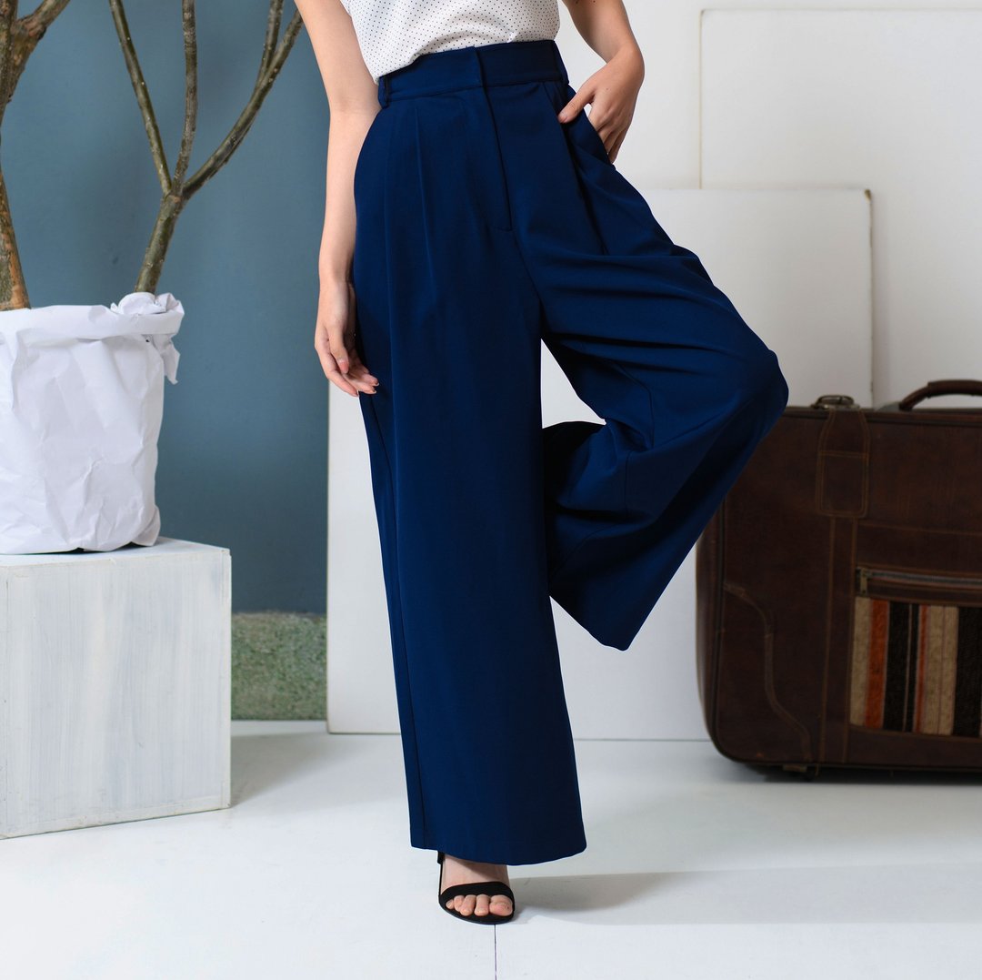 优雅的奇幻旅程宽版长裤 Fantasy journey high waist pants - 女装长裤 - 聚酯纤维 蓝色