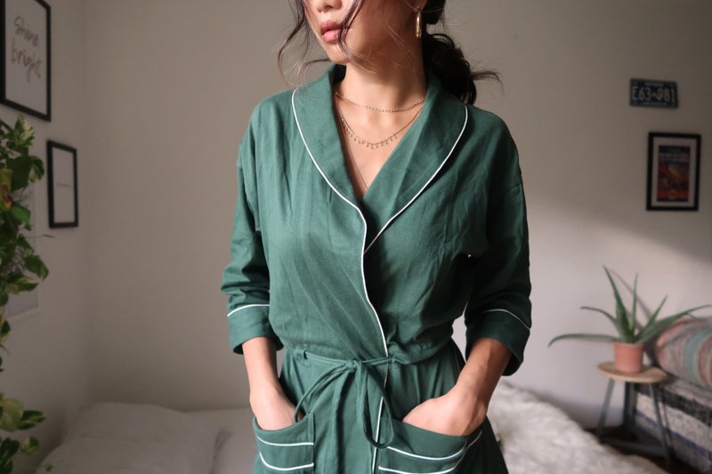 舒适棉质线条镶嵌长睡袍 - 居家服/睡衣 - 棉．麻 绿色