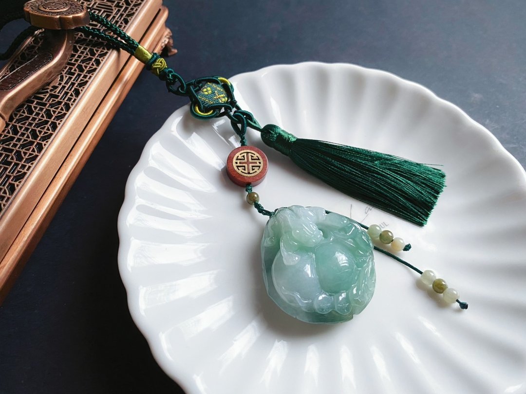 天然缅甸玉 翡翠 老油青 螭龙 葫芦 如意 一叶致富 车挂 包挂 - 吊饰 - 玉石 绿色