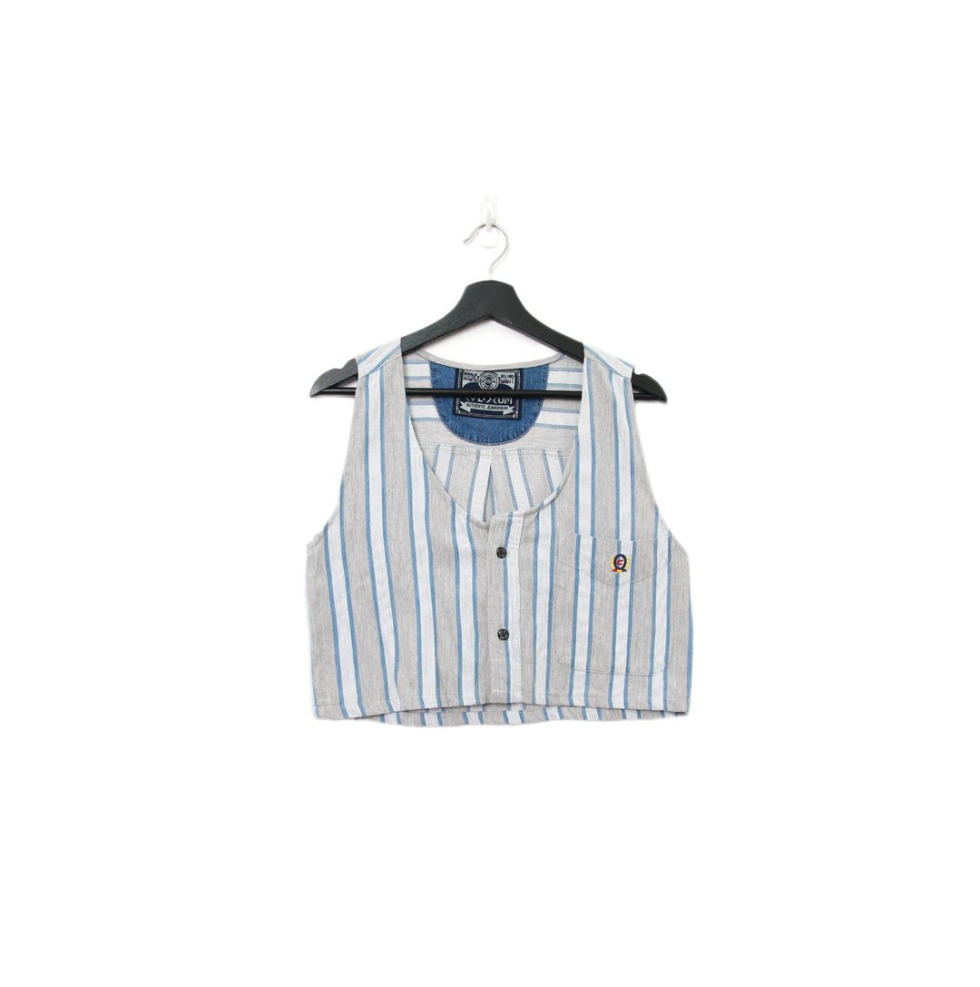 Back to Green-再制水洗丹宁条纹背心 学院灰 tt-06 vintage vest - 女装背心 - 棉 