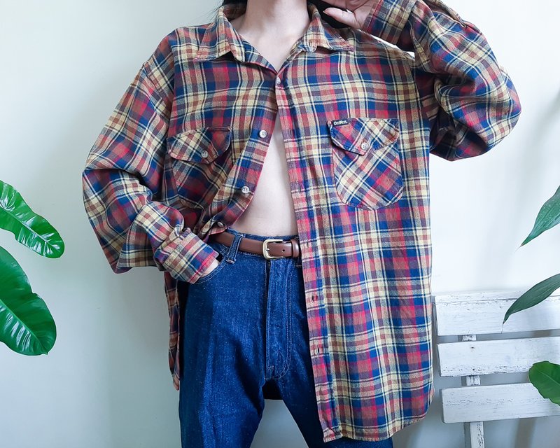 XL - OshKosh B'Gosh 棉质格子衬衫 黄色 海军蓝 棕色 红色 夹克 - 男装衬衫 - 棉．麻 黄色