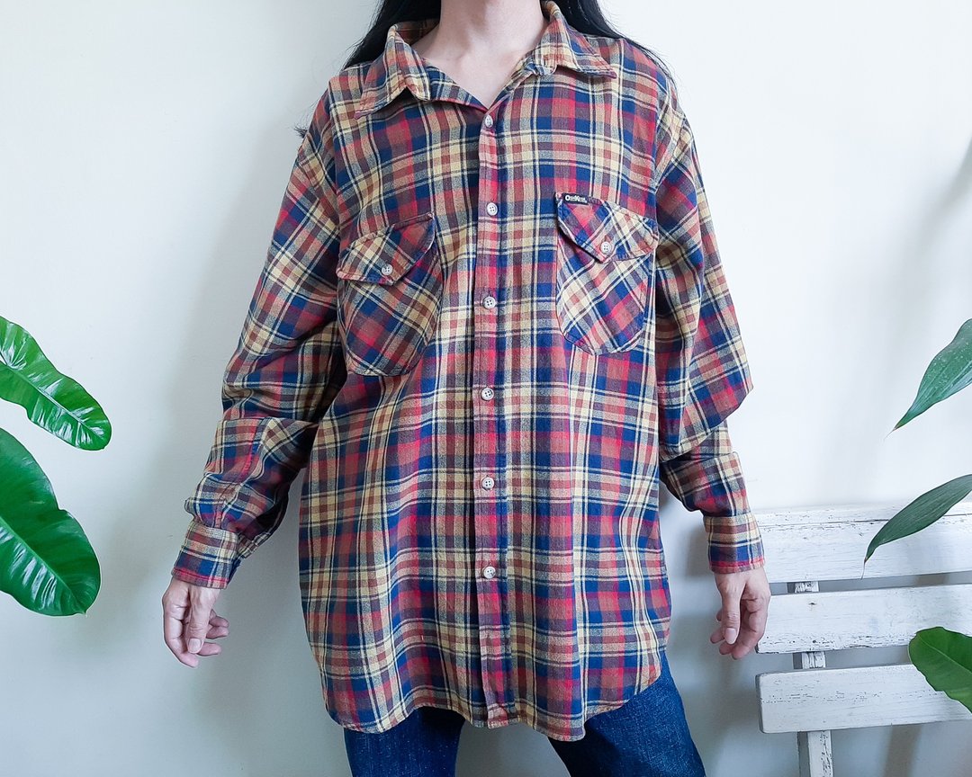 XL - OshKosh B'Gosh 棉质格子衬衫 黄色 海军蓝 棕色 红色 夹克 - 男装衬衫 - 棉 多色